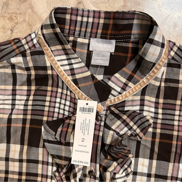 NWT Chico’s Ruffled Brown Plaid Shirt Large - Picture 9 of 10